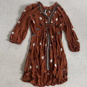 Free People Dress Womens Small Brown Boho Embroidered Tunic Peasant Rayon